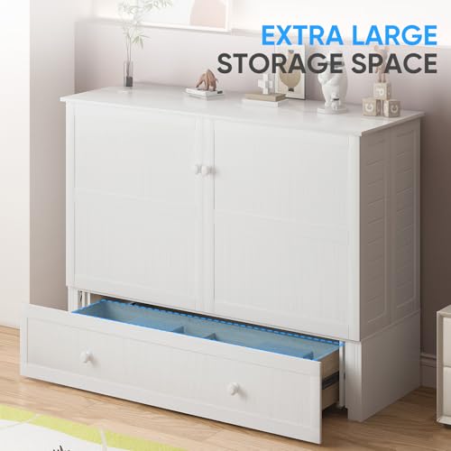 PUREMIND Murphy Bed Cabinet with Mattress Included, Queen Murphy Chest Beds with 2 Storage Drawers, Hideaway Cabinet Bed with USB Charging Station