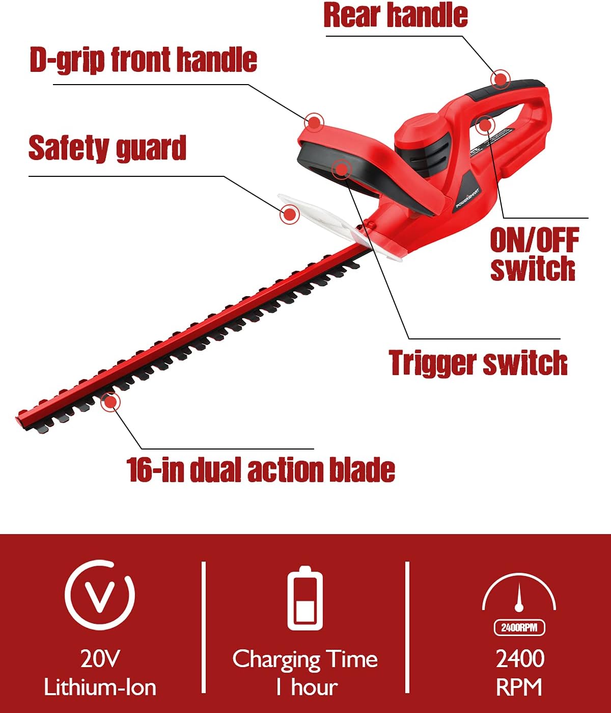 PowerSmart Hedge Trimmer Cordless, 20V Max Battery Operated Hedge Clippers Cordless with 16-Inch Blade, Garden Battery Powered Bush Trimmer