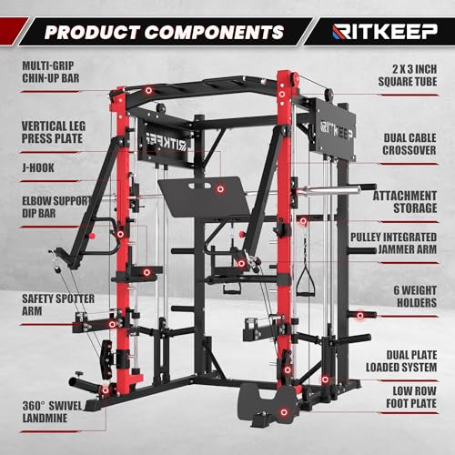 Smith Machine with Jammer Arms & Leg Press with Adjustable Dual Pulley Ratio (1:1 & 2:1), PMAX-4750 All-in-One Commercial & Home Gym Equipment