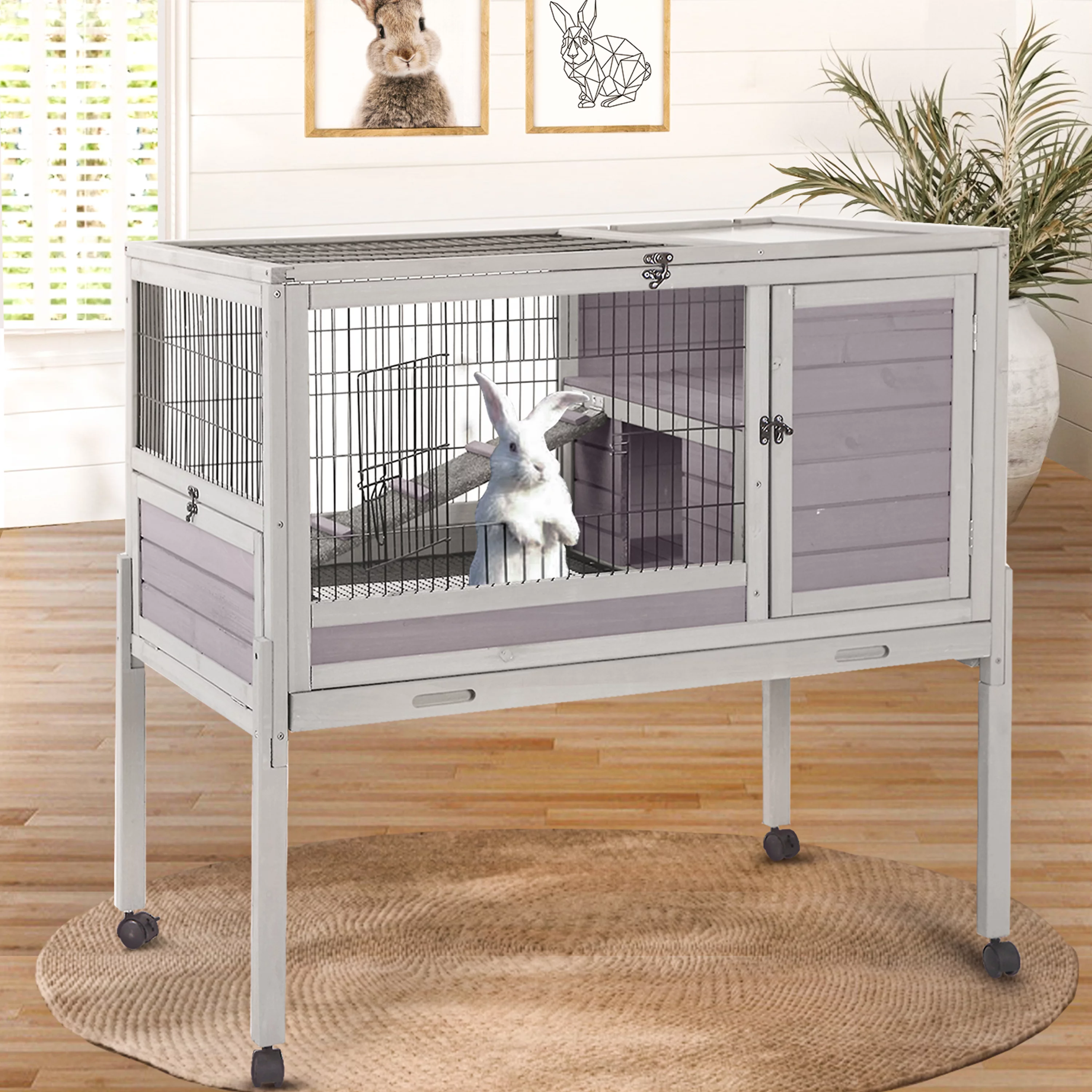 Morgete Rabbit Hutch Guinea Pig Cage Bunny House on Wheels Hamster Cage with Tray