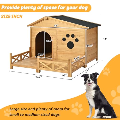 Outdoor Wooden Dog House,Waterproof Kennel with Deck and Sloped Roof,High Stability Pet Dog Cage for Small/Medium Puppy