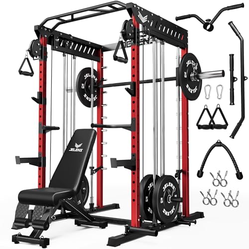 M21 Smith Machine, Multi-Function Power Cage with Dual Pulley Cable Crossover System, 2000LBS All-in-One Squat Rack with Smith Bar and Attachments