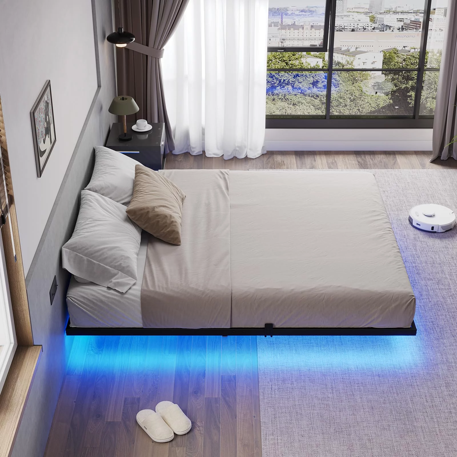 Queen Size Floating Bed Frame with LED Lights, Black Metal Platform Bed, No Box Spring Needed, Easy to Assemble