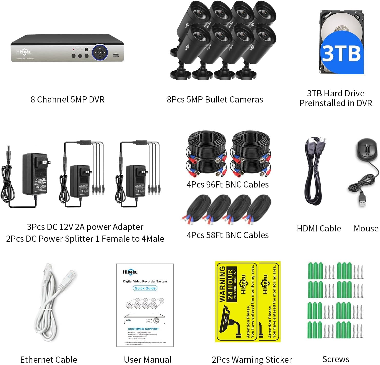 【3TB HDD】 Hiseeu 5MP 8Channel Security Camera System,8Pcs 5MP Super HD Wired Outdoor Cameras with Night Vision, Home Surveillance System