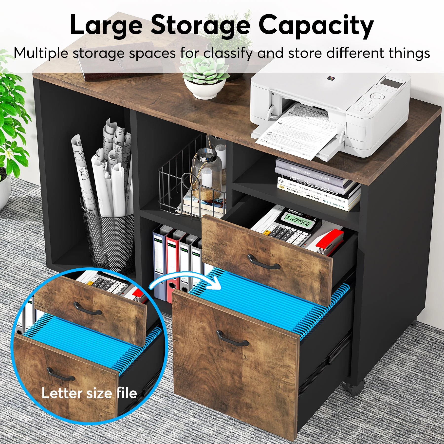Tribesigns 59 inch Large L-Shaped Computer Desk, Executive Office Desk with File Cabinet, Brown