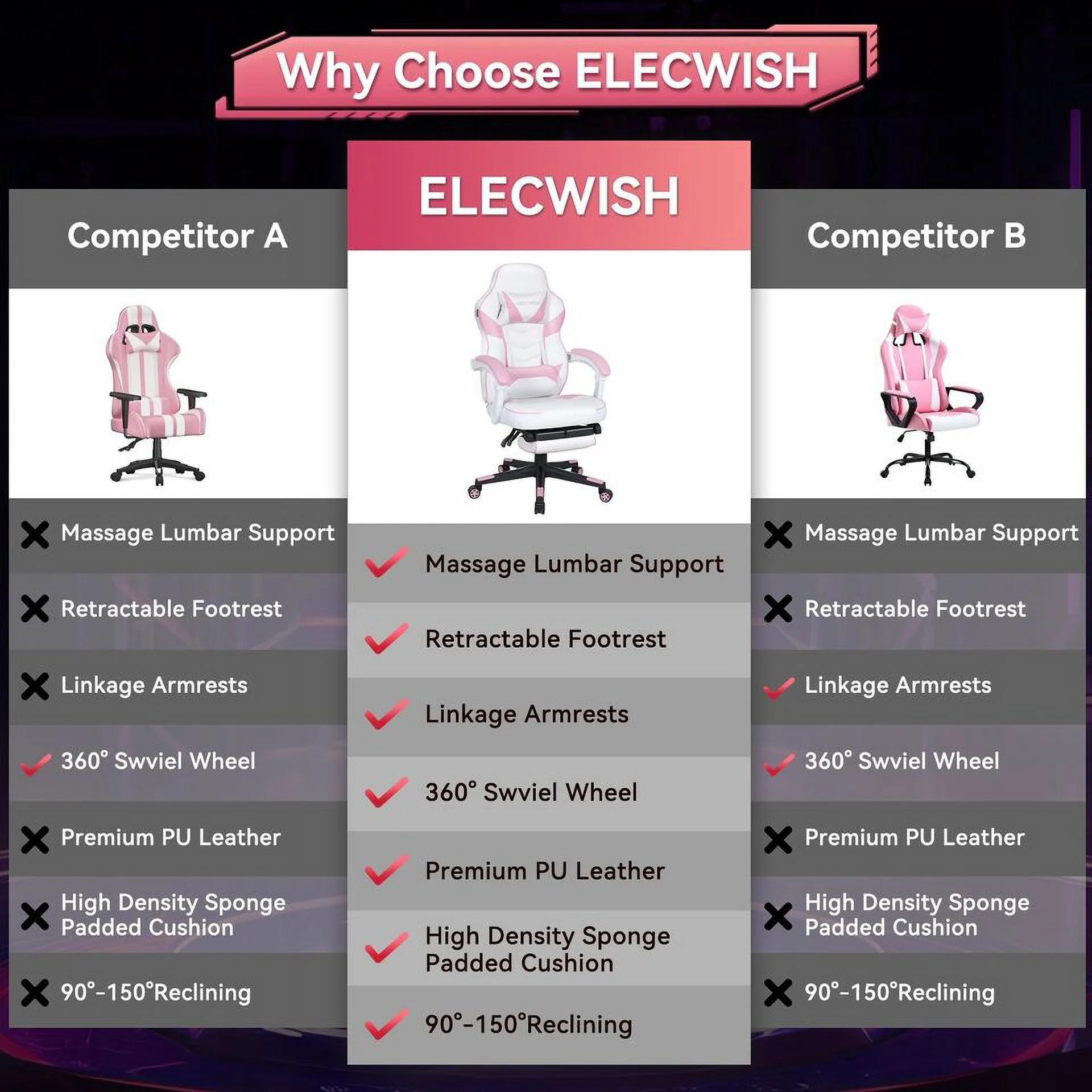 ELECWISH Gaming Chair Adjustable & Lumbar Support Swivel Office Chair, Pink