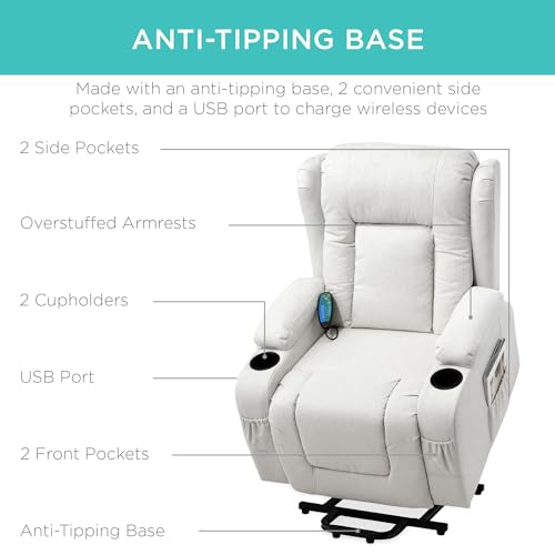 Best Choice Products Modern Linen Electric Power Lift Chair, Recliner Massage Chair, Adjustable Furniture for Back, Legs w/ 3 Positions, USB Port