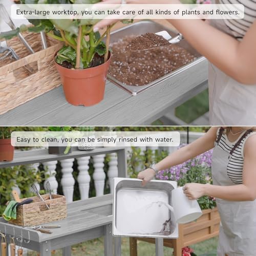 Potting Bench, Outdoor Potting Bench Table with Removable Sink, HDPS Potting Benches for Outside, Garden Table with Storage Shelves & 4 Side Hooks