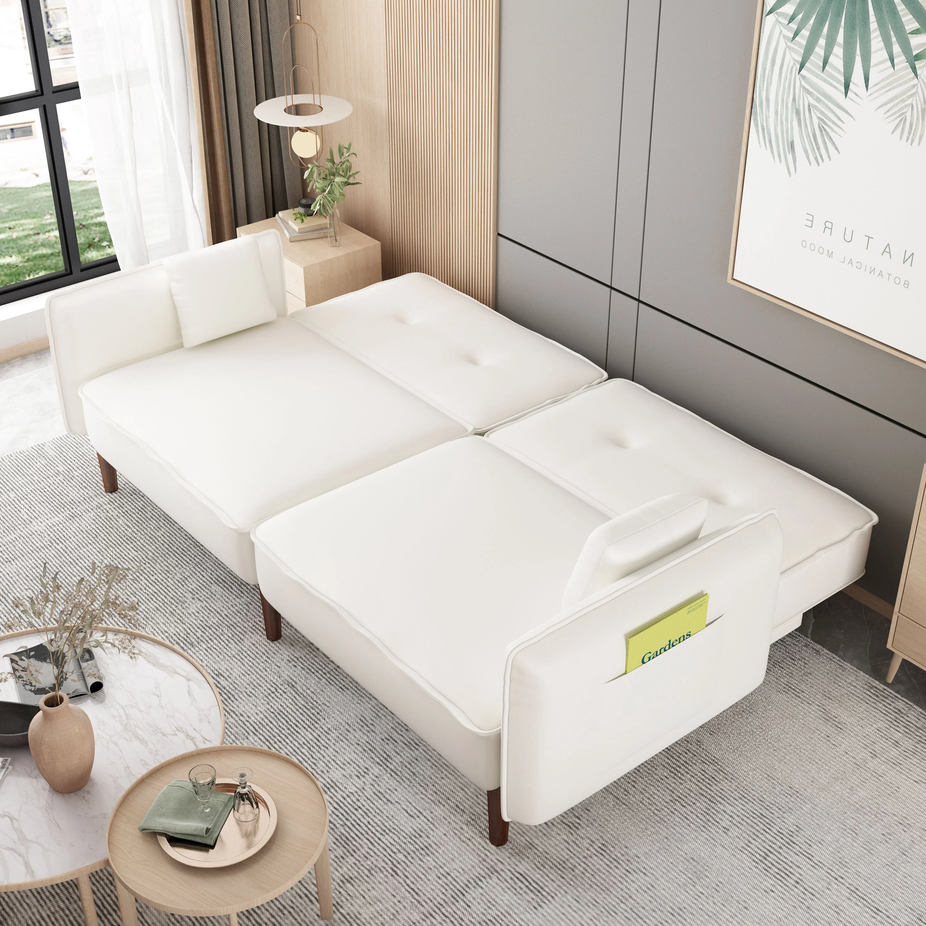 Modern 3 Seater Convertible Sofa Bed, Upholstered Folding Couch Recliner with Pillows Solid Wood Legs for Living Room Bedroom Office
