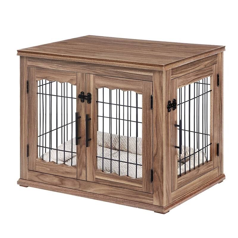 Unipaws Crate Wooden End Table with Wire Dog Kennel with Bed in Weathered Gray, 32x22 L x 23x22 W x 26.5x22 H, Medium