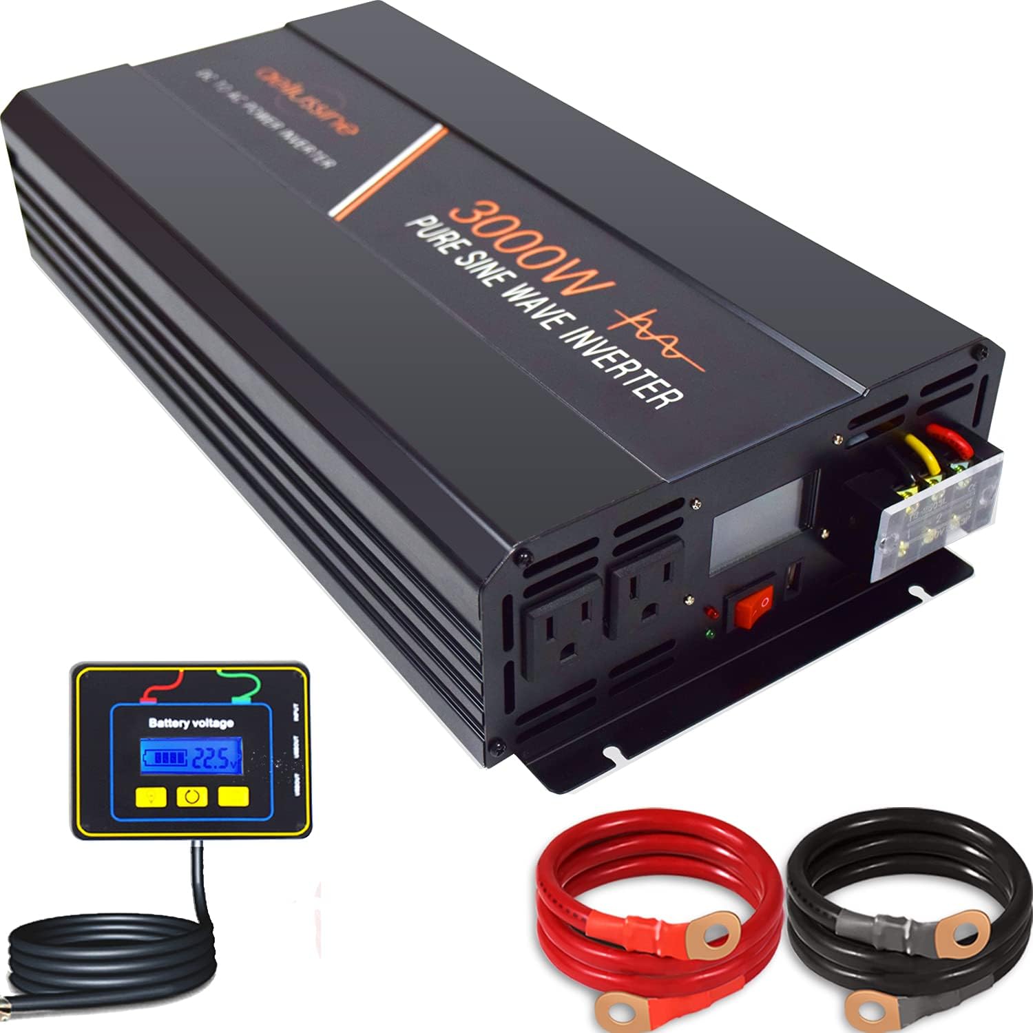 aeliussine 2000 watt Pure Sine Wave Inverter 24v dc to ac 120v with LCD Display with Remote Switch Power Inverter for Car Off Grid Solar Power System