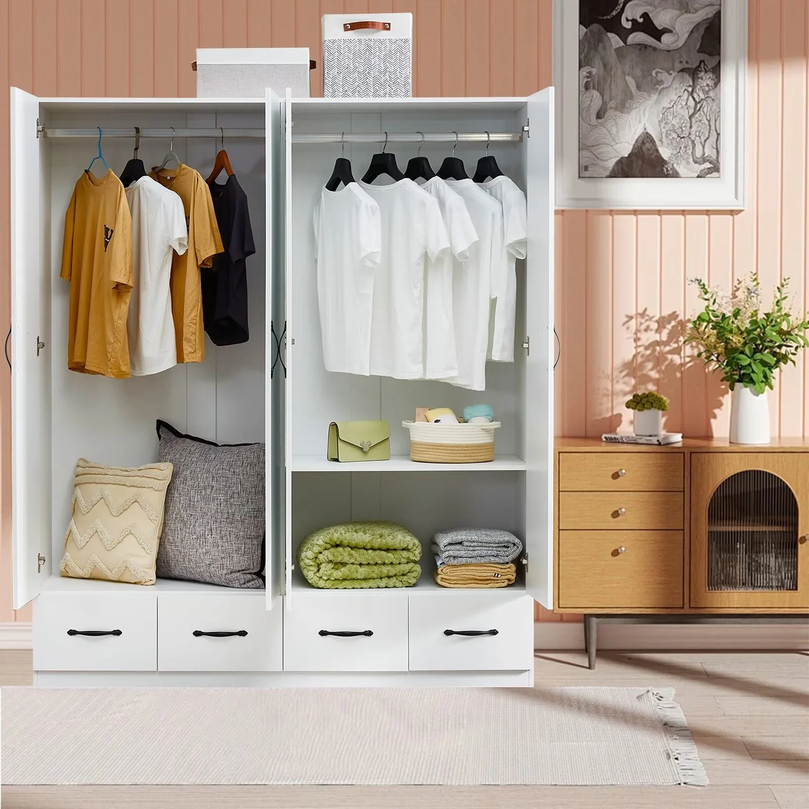 ModMakers 4-Door Wardrobe Armoire Closet | Wardrobe Storage Wood Armoire Wardrobe Cabinet w/ Mirror, 2 Hanging Rods & 4 Drawers, White