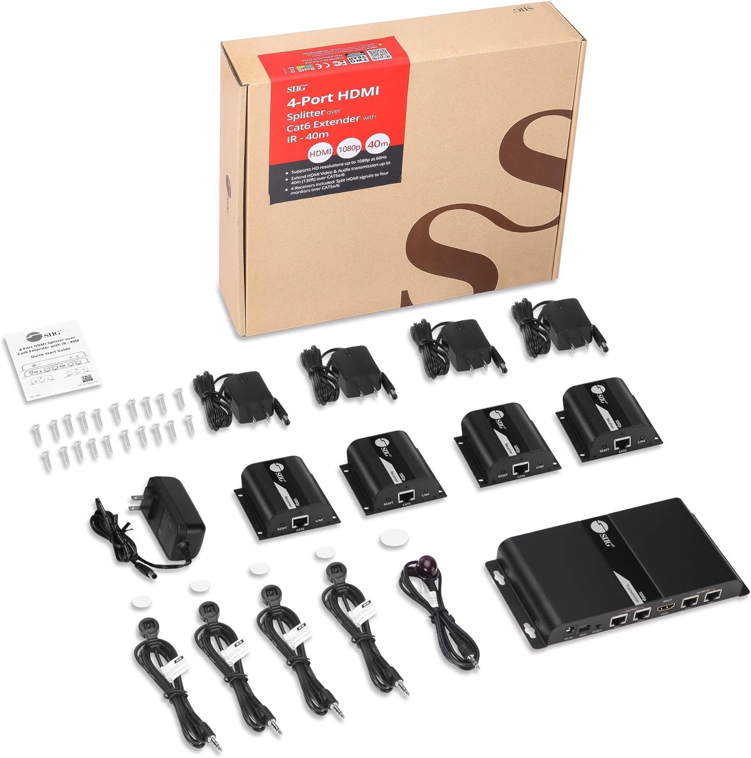 SIIG 1080p HDMI Extender Splitter Over CAT5e/CAT6 Ethernet - Up to 40m (130ft) - 1x4 Port Extender w/ IR Extension and EDID - (1 in 4 Out)