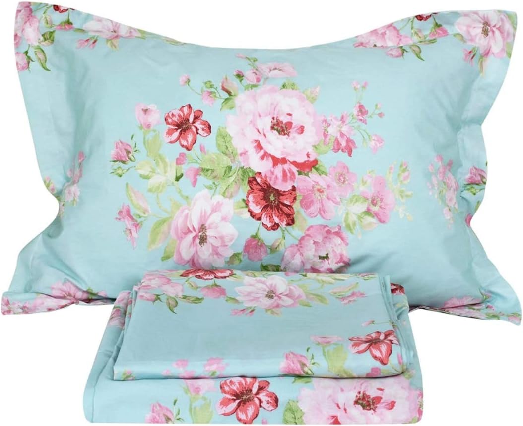 Usning Floral Sheet Set, Soft 100% Cotton Shabby Pink Rose Print Bed Sheet Set with Deep Pocket Fitted Sheet, Flat Sheet and Pillowcases