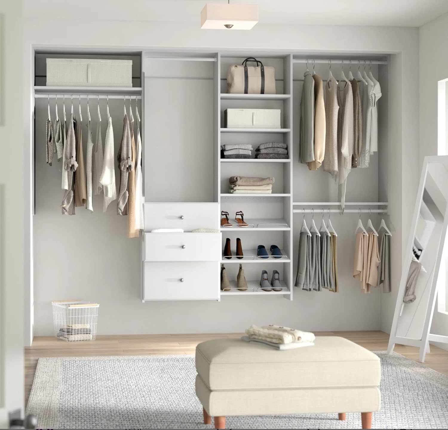 Dual Tower Closet Storage Wall Mounted Wardrobe Organizer Kit System with Shelves and Drawers for Bedroom in White with Hardware Wood Closet