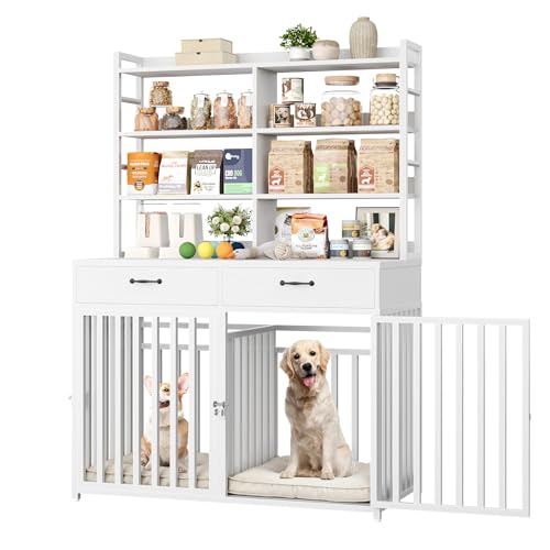 Keyluv 71''H x 47.2''W Large Dog Crate Furniture with 4-Tier Shelves and 2 Storage Drawers, Heavy Duty Dog Cage Furniture with 2 Doors