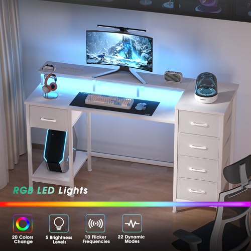 47 Inch Computer Gaming Desk with Power Outlets LED Lights Reversible Home Office with Adjustable Fabric Storage Drawers for Working Writing Study