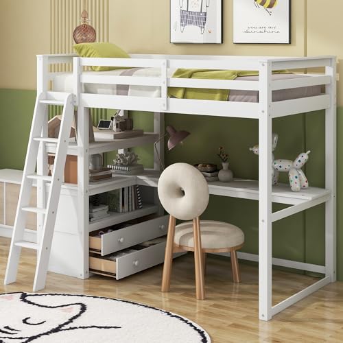 Harper & Bright Designs Twin Size Loft Bed with Wardrobe, Desk and Multiple Storage Shelves, Solid Wood Loft Bed Frame with Bookshelf