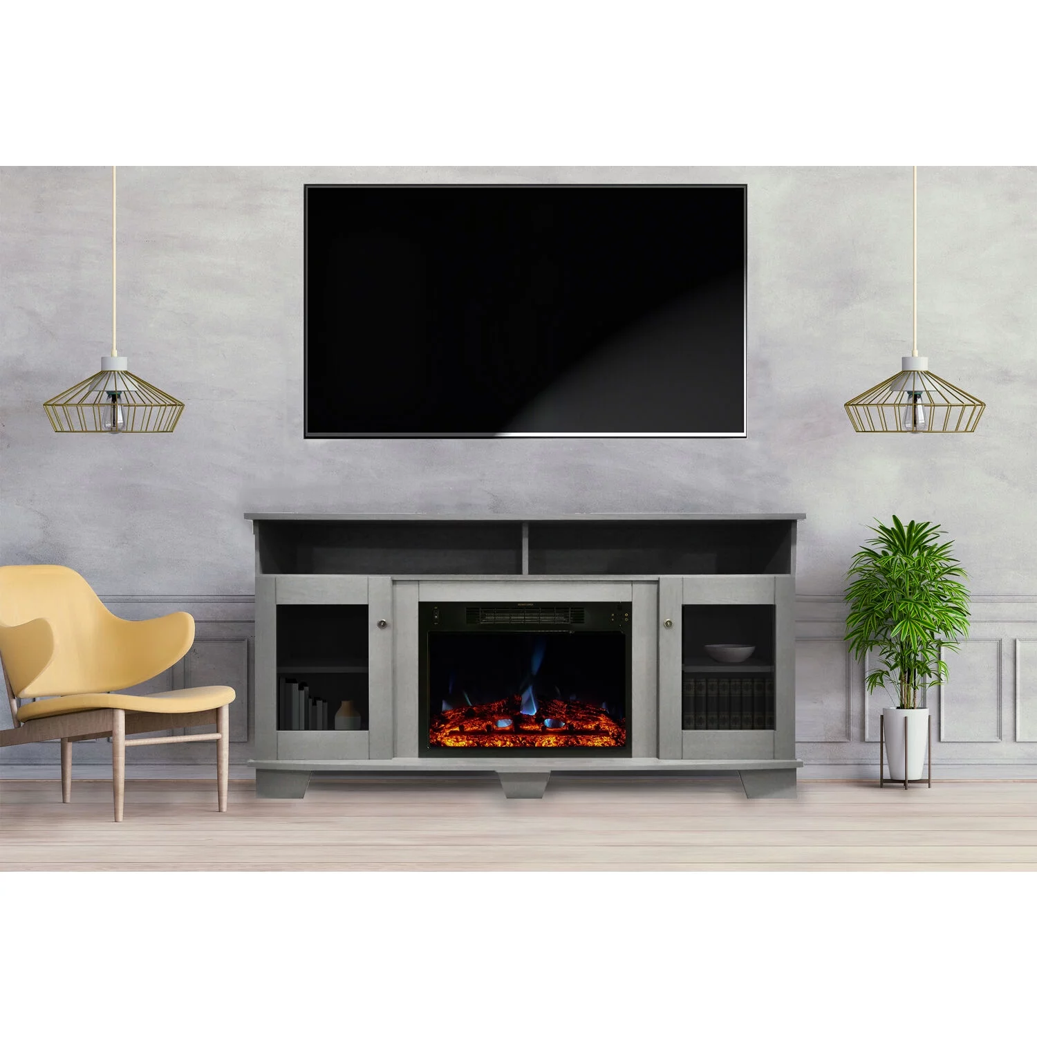 Cambridge Savona Electric Fireplace Heater with 59-In. Gray TV Stand, Enhanced Log Display, Multi-Color Flames, and Remote - Curated Treasures Market