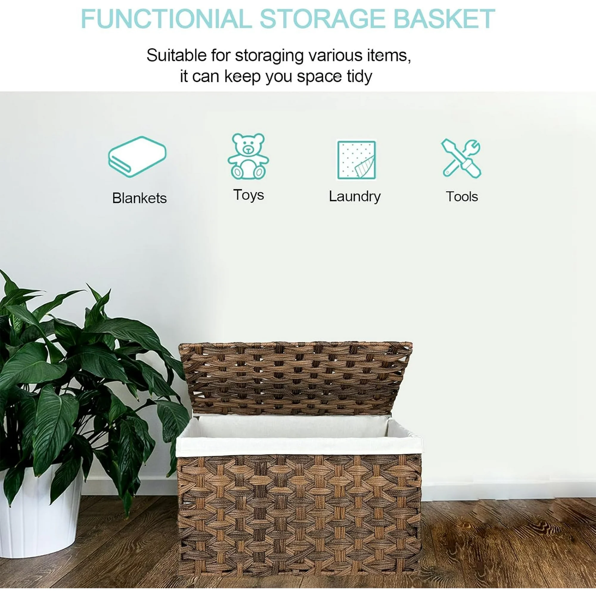 Wicker Storage Basket with Lid, 17.2 Gallon (65L) Small Blanket Basket with Lid, Woven Storage Bin with Handles, Removable Liner, Metal Frame