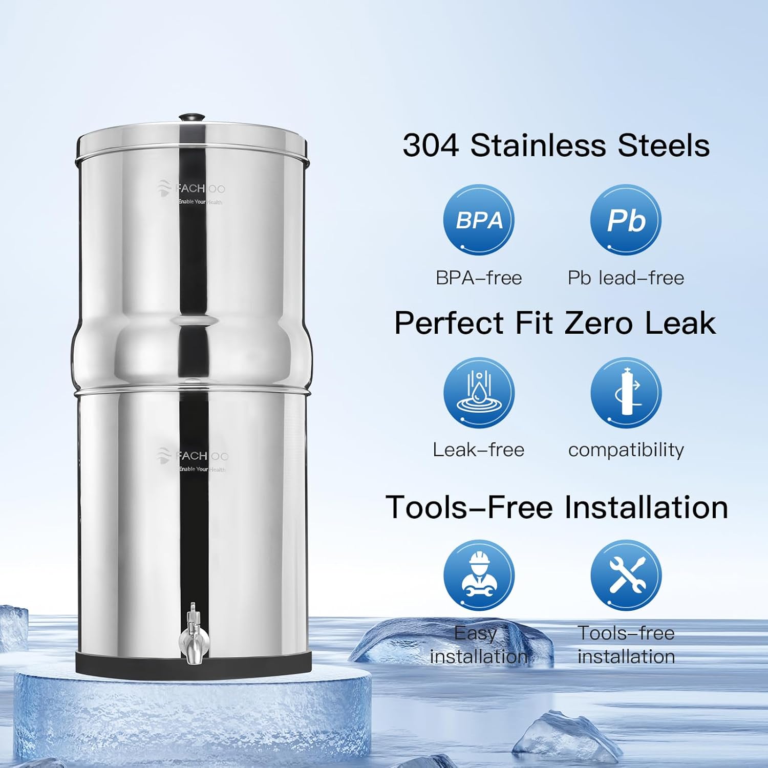Gravity-fed Water Filter System, NSF/ANSI 42&372 Standard, 2.25G Stainless-Steel System with 4 Filters, Reduces Fluoride and Chlorine