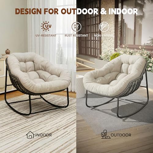 Outdoor Indoor Rocking Chair, Patio Wicker Egg Chair, Indoor & Outdoor Comfy Oversized Papasan Chair with Padded Cushion