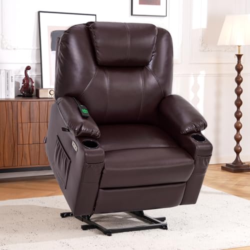 MCombo Power Lift Recliner Chair for Elderly, Lift Chair with Heat and Massage, FSC Certified, USB Ports, Cup Holders, Faux Leather 7040 (Black