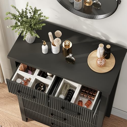 Fluted 6 Drawers Dresser for Bedroom, Tall Boho Chest of Drawers with Metal Handle, Wooden Closet Clothes Storage Organizer for Living Room