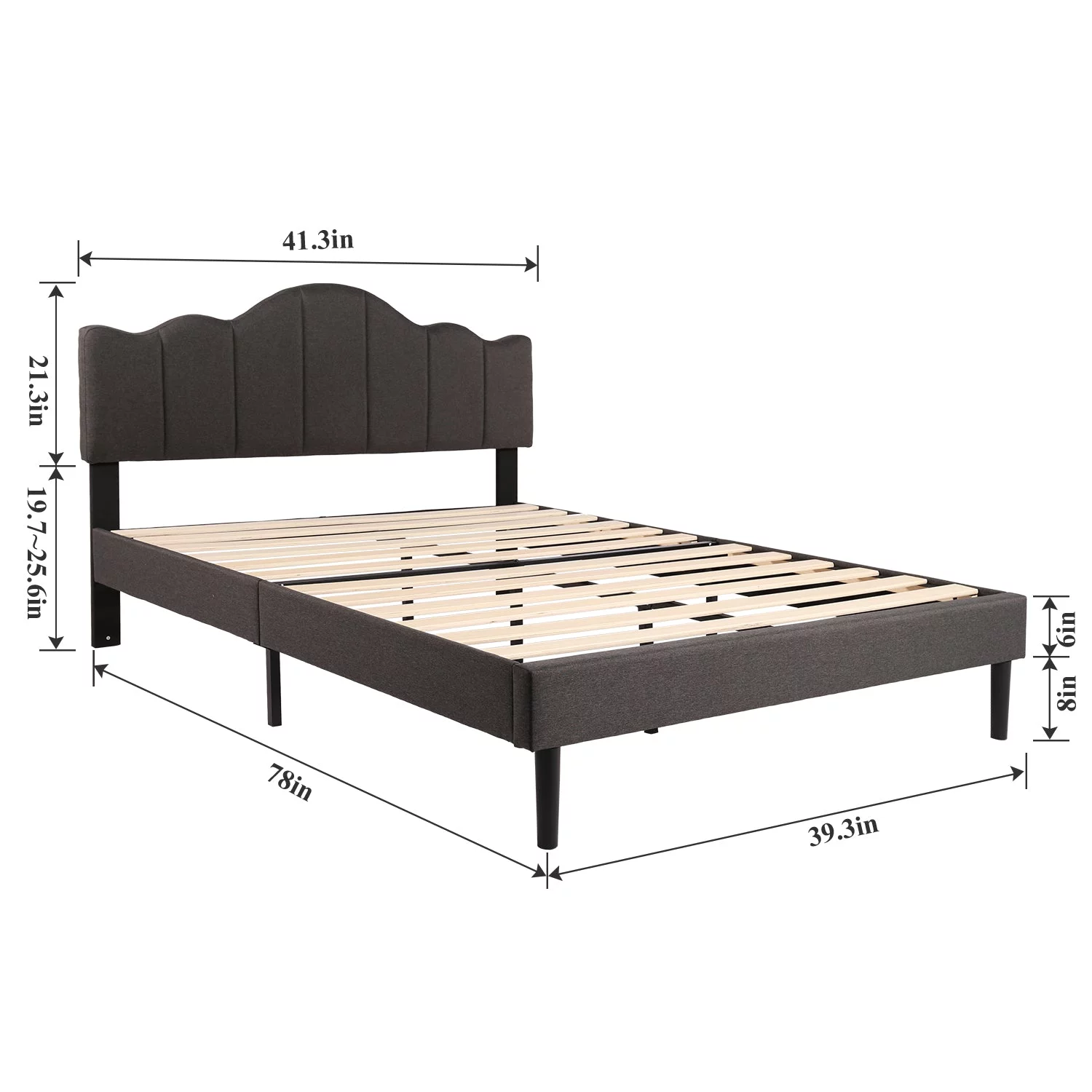 VECELO Twin Size Bed with Adjustable Headboard, Modern Upholstered Platform Bed Frame for Bedroom, No Spring Box Need, Dark Grey