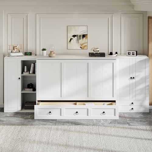 Queen Size Murphy Bed Wall Bed, Solid Pine Murphy Bed Chest Cube Cabinet Bed with USB, Charging Station