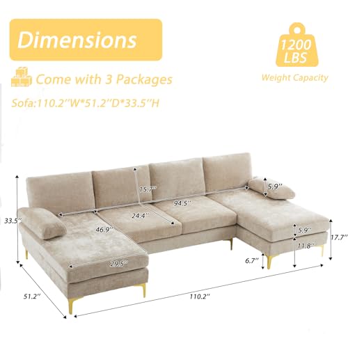 Karl home Convertible Sectional Sofa 110" U-Shape Sofa Couch 4-Seat Couch with Chaise ChenilleFabric Upholstered for Living Room, Apartment, Office