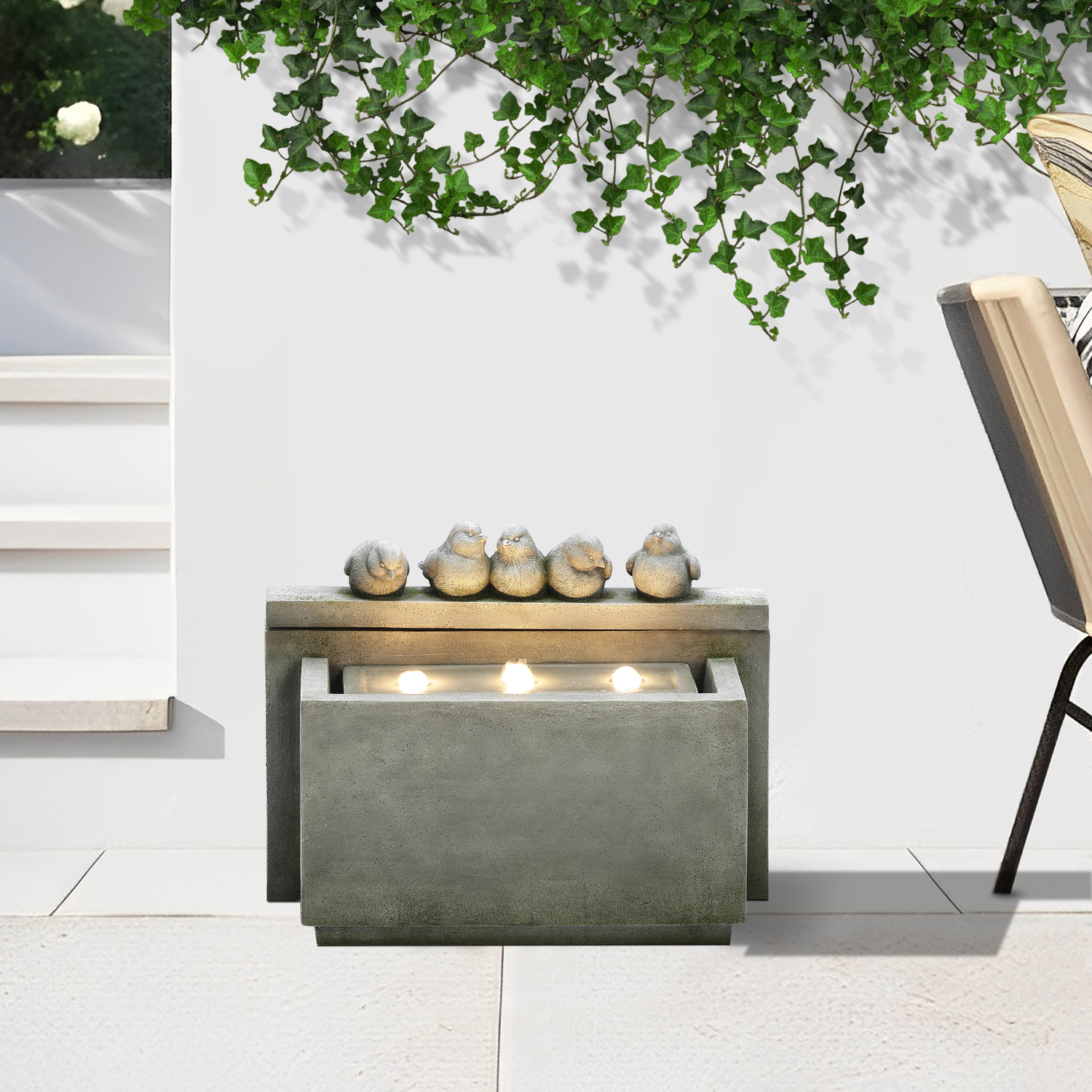 LuxenHome Gray Rectangular and Birds Resin Outdoor Bubbler Fountain with Lights