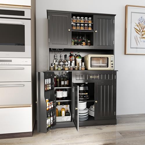 Gizoon 67.7" Kitchen Pantry Cabinet with Microwave Shelf Tall Coffee Bar Cabinet with Storage Kitchen Hutch with Countertop for Dining Room and Craft