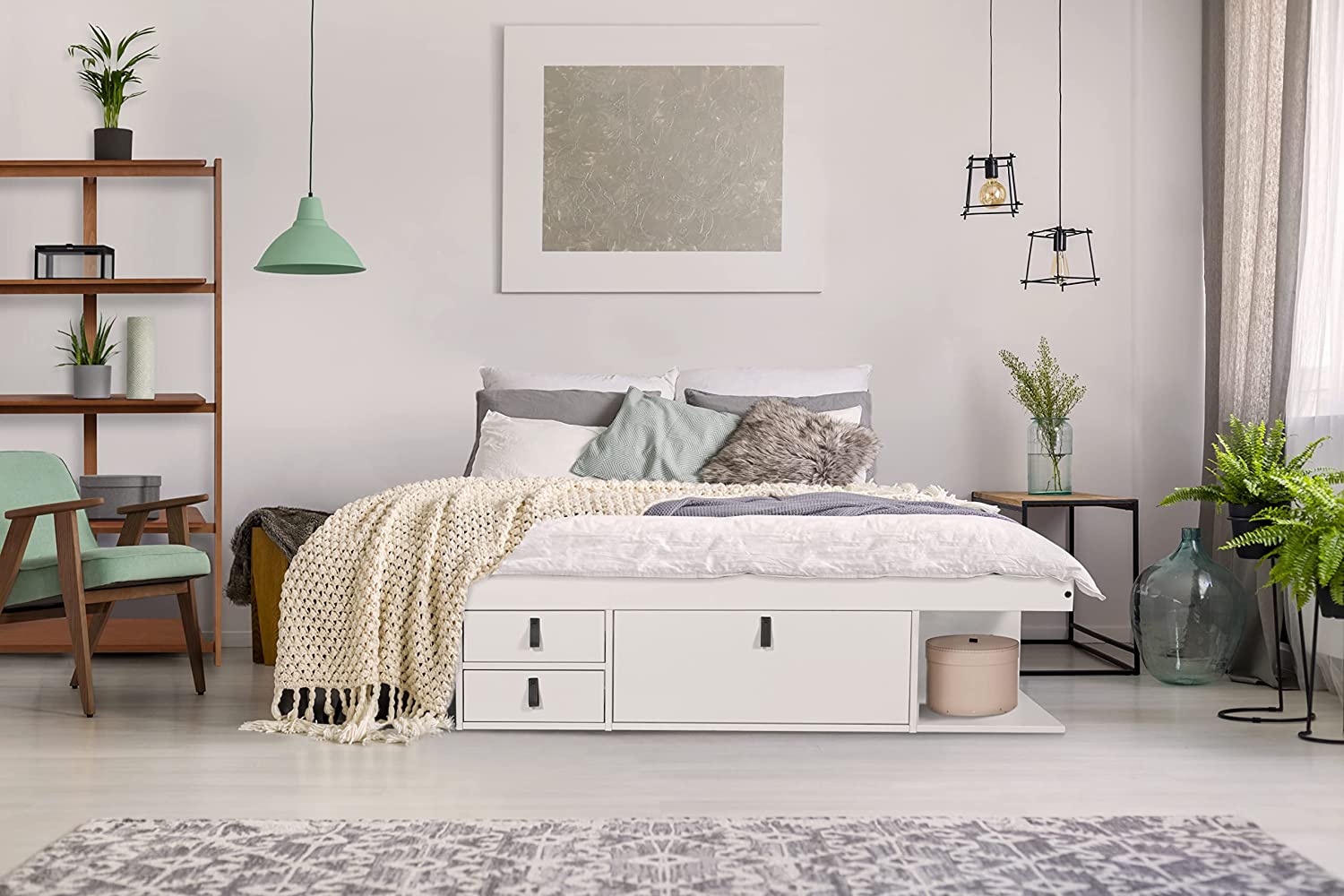Memomad Set Bali White: Storage Bed Super King 6FT (180x200 cm) + Headboard 205 + Slatted Frame. Sturdy double bed frame and headboard with drawers