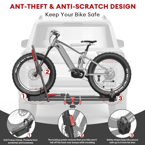 Hitch 2 EBike Rack with Ramp, 170lbs Capacity Foldable Electric Bike Carrier for 2 Heavy Ebike, Up to 5" Fat Tire Bicycle for 2" Receiver for Car