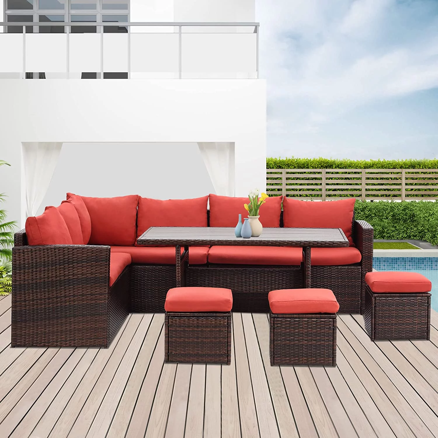CozyHom 7 Pcs Outdoor Patio Wicker Dining Furniture Sofa Sets, Rattan Conversation Sectional Couch Set with Table and Ottomans, Red