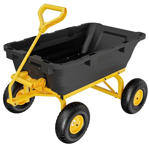 VINGLI Heavy Duty Dump Cart Wagon, 770LBS Quick-Release Dump Poly Wheelbarrow, 10in All-Terrain Pneumatic Tires Garden Wagon for Garden, Yard, Beach