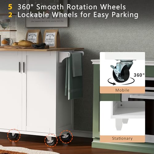 55.7'' Large Kitchen Island with 2 Drop Leaf, Rolling Kitchen Cart on 5 Wheels with Power Outlet