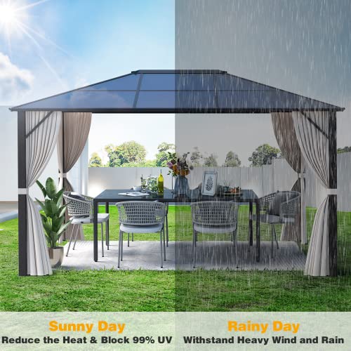 MELLCOM 10'x13' Hardtop Gazebo with Polycarbonate Double Roof, Aluminum Frame Outdoor Gazebo Permanent Pavilion with Curtains and Netting for Patio