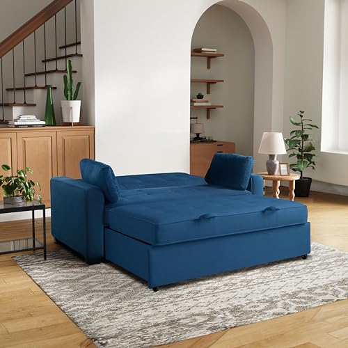 Serta Ainsley 72.6" Convertible Sleeper Sofa, Queen Size, Dreamcoil Comfort, Soft Velvet Fabric, Navy