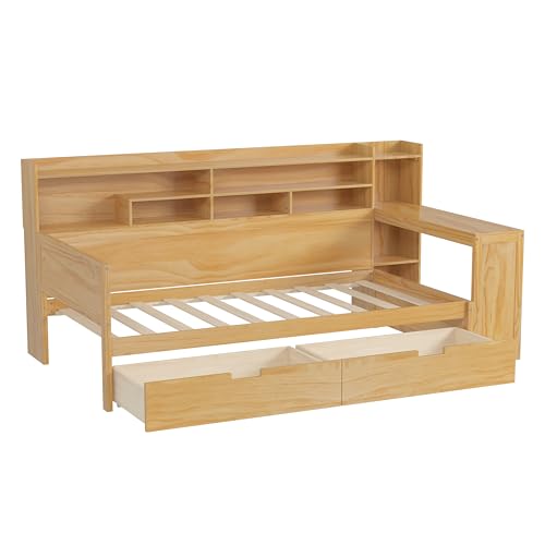 Corner Twin Bed Frame with Bookcase Storage and Desk, Wood Day Beds with 2 Drawers, Twin Size Daybed with Storage for Living Room