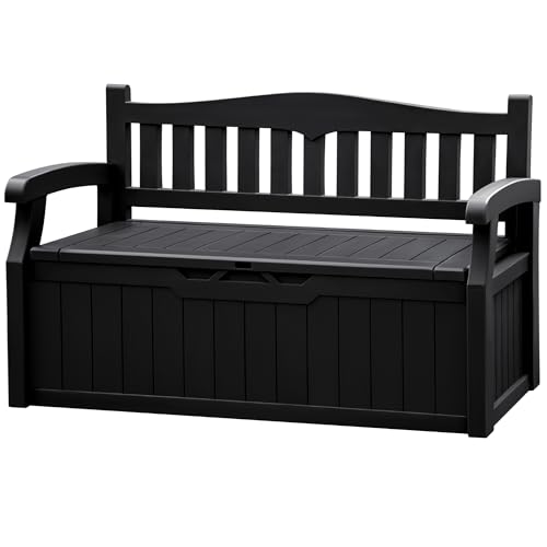 JUMMICO 80 Gallon Resin Outdoor Storage Bench, Large Deck Box with Armrest, Lockable & Waterproof for Garden, Home, Patio, Pools (Black)