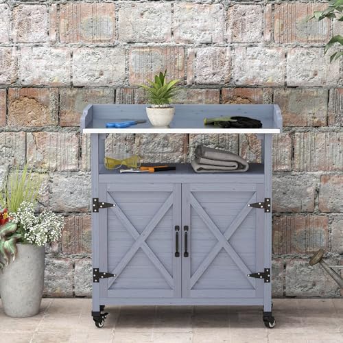Outsunny Outdoor Wooden Potting Bench Table, Garden Workstation with Storage Cabinet, Aluminum Table Top, Rubber Wheels for Backyard, Patio, Balcony