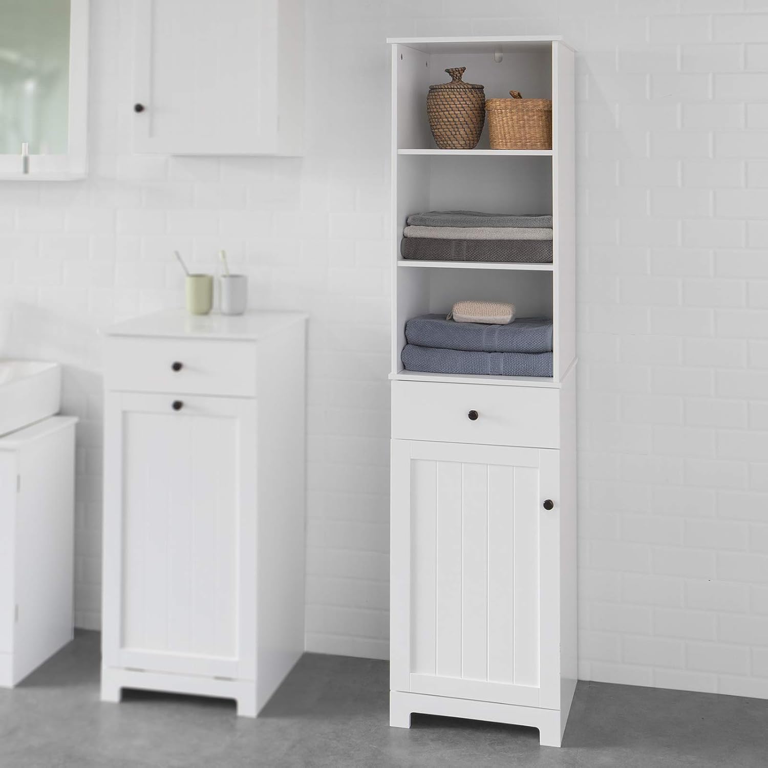 Haotian White Floor Standing Tall Bathroom Storage Cabinet with Shelves and Drawers,Linen Tower Bath Cabinet, Cabinet with Shelf,FRG236-W