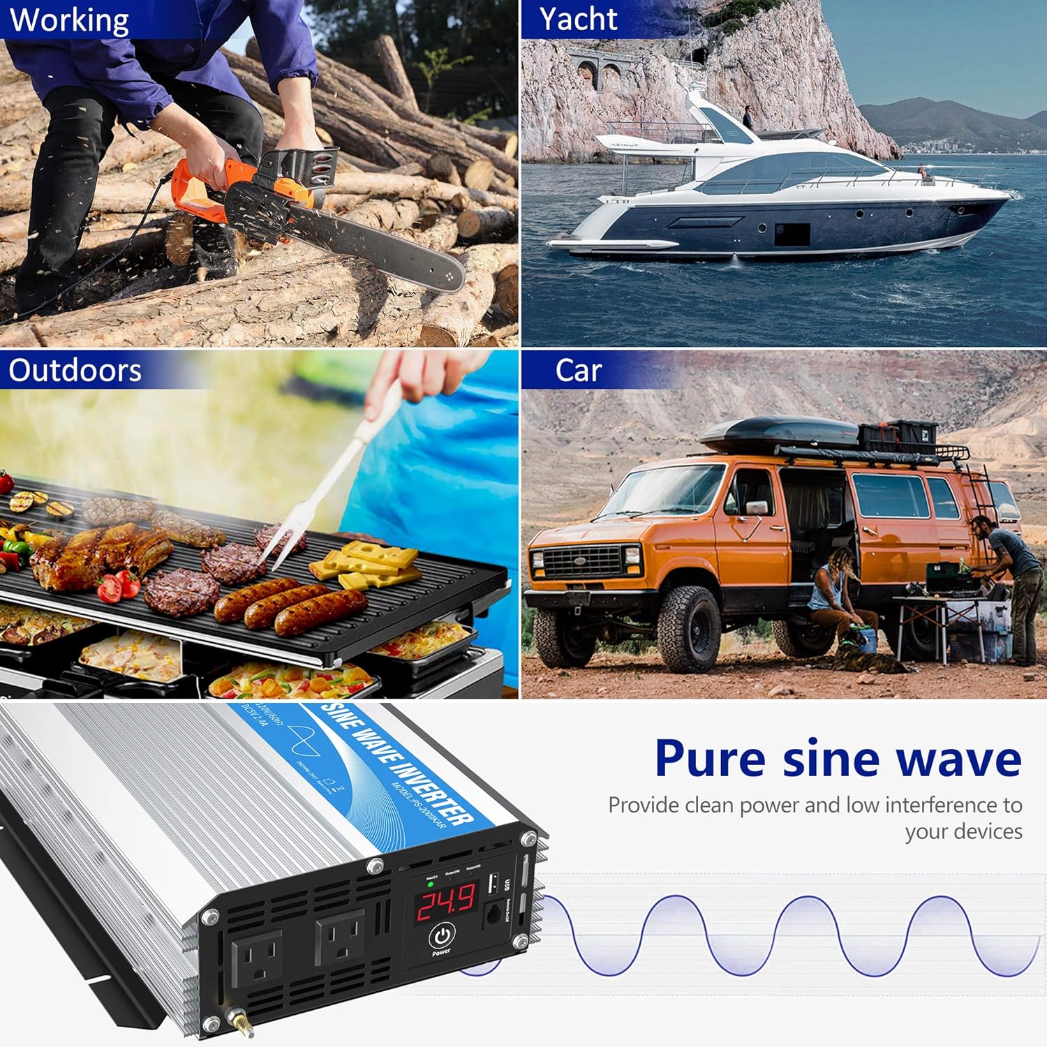 GIANDEL 24 Volt 2000W Pure Sine Wave Power Inverter DC 24V to AC120V with Dual AC Outlets with Remote Control 2.4A USB and LED Display
