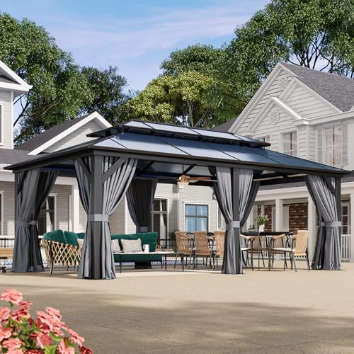 Aoxun 12'x10' Hardtop Gazebo, Aluminum Frame Permanent Pavilion with Curtains and Netting, Outdoor Polycarbonate Double Roof Canopy