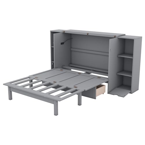 Ball & Cast Queen Size Solid Pine Murphy Bed Chest,Cabinet Hideaway Bed with Charging Station and Large Storage Drawer,Wood Wall Bed can be Folded