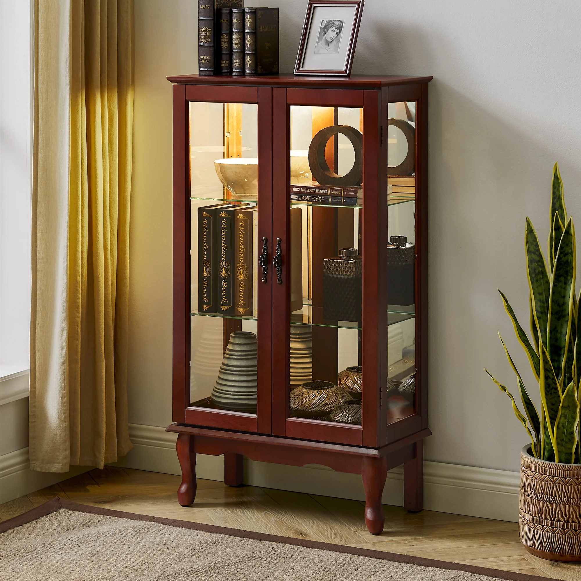 Ufurpie 3 Tier Curio Cabinet Lighted Curio Display Cabinet with Adjustable Shelves and Mirrored Back Panel,Tempered Glass Doors