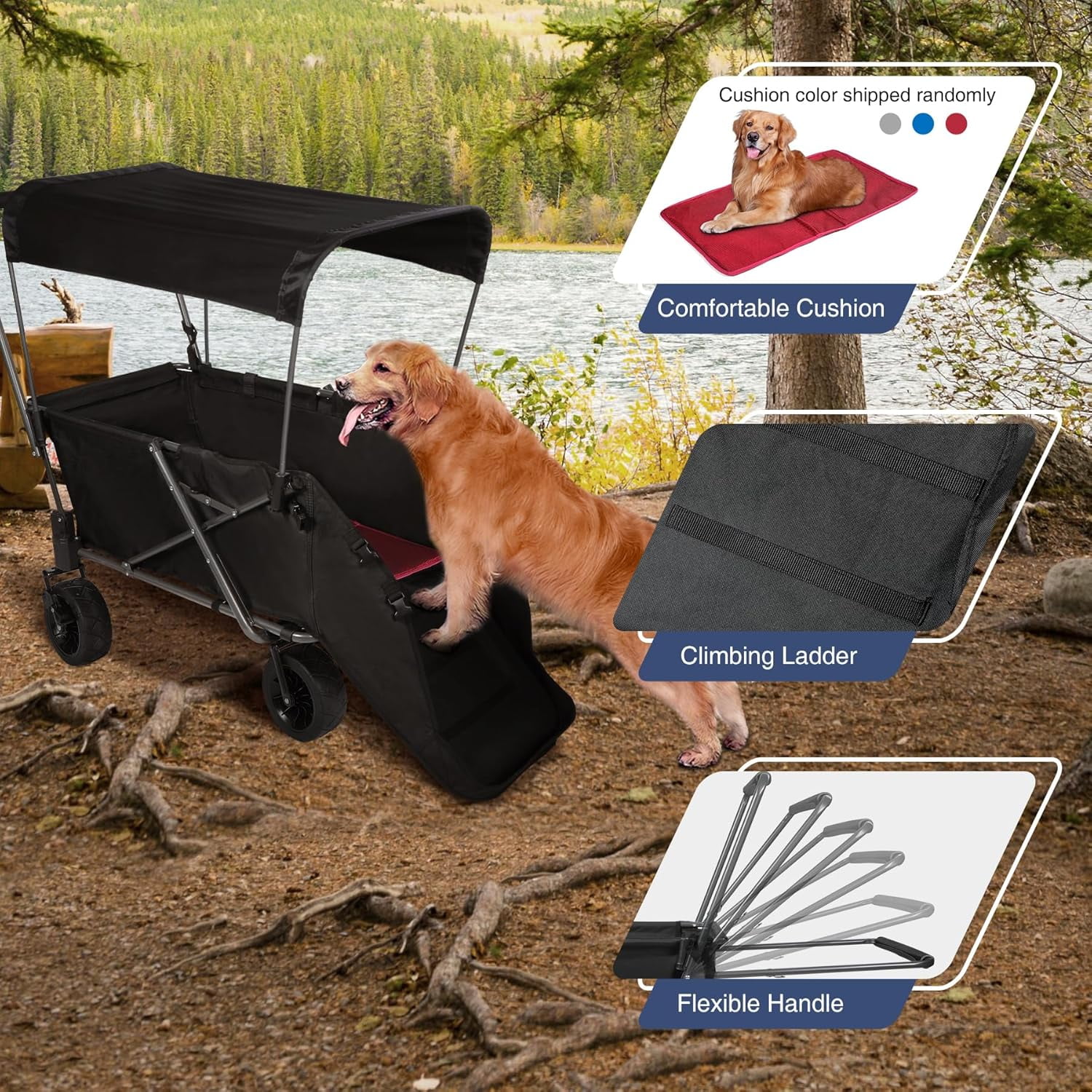 REDCAMP Folding Dog Wagon Cart with Canopy, 220L Capacity Large Collapsible Utility Cart Dog Stroller with Tailgate for Sports Shopping Pet, Black