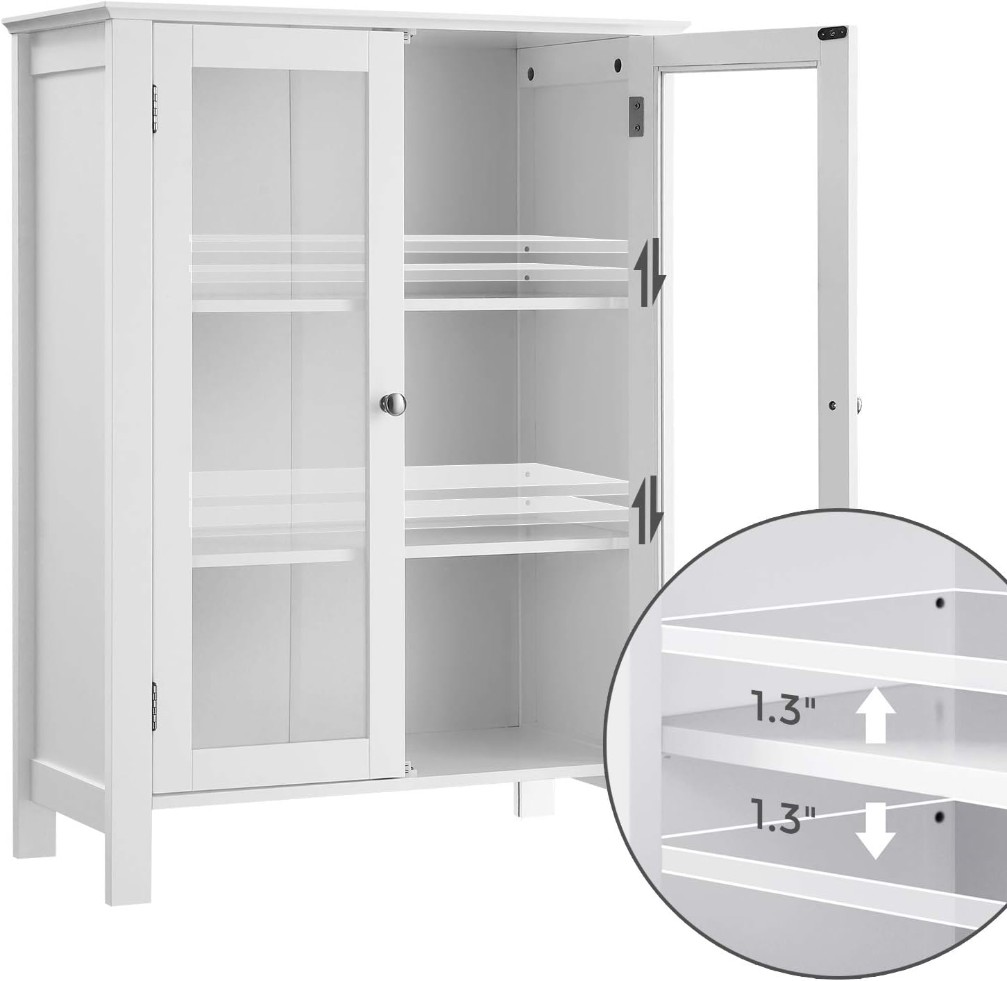 VASAGLE Storage Cabinet, Sideboard, Display Cupboard with 2 Adjustable Shelves, Transparent Glass Doors, Handles, Scandinavian Nordic